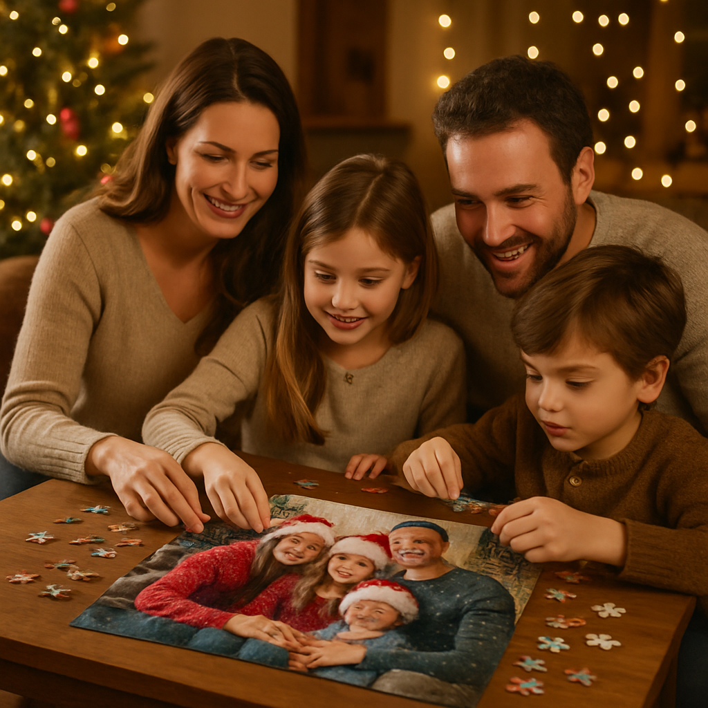 A warm living room scene with a family assembling a personalized holiday photo puzzle on a wooden table, twinkling lights in the background. Alt: personalized photo jigsaw puzzle holiday memory creation