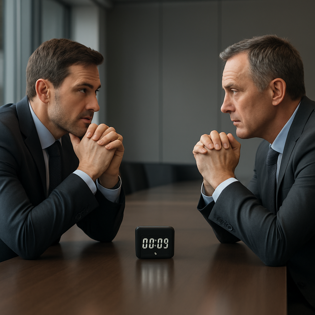 A photorealistic scene of a corporate negotiator in a sleek conference room, mirroring a client’s body language, with a subtle timer on the table indicating a 3‑second pause, captured in realistic lighting, highlighting the moment of connection. Alt: crisis negotiation techniques building rapport quickly.