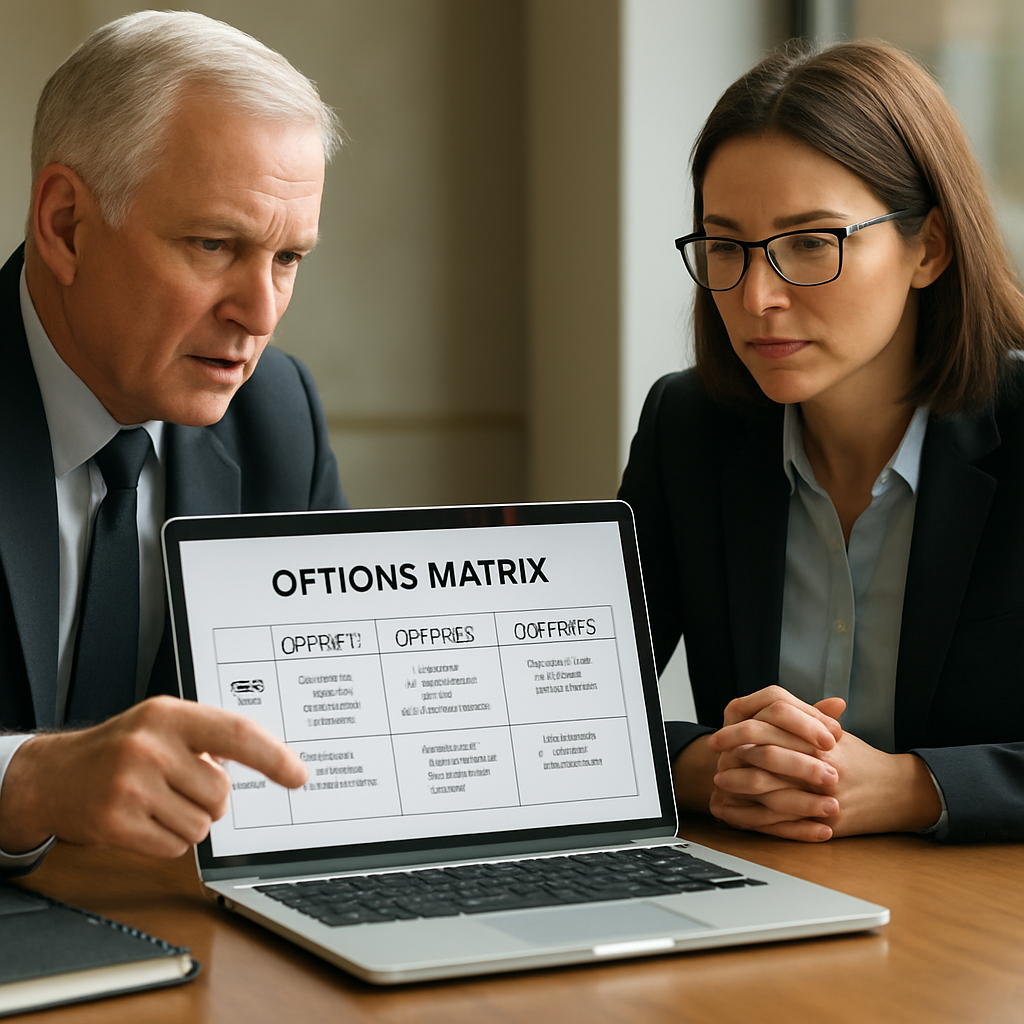 A photorealistic scene of a corporate negotiation table with a senior sales executive and a procurement manager reviewing a three‑column options matrix on a laptop, natural lighting, realistic detail, highlighting structured options in crisis negotiation techniques. Alt: Structured options in crisis negotiation techniques