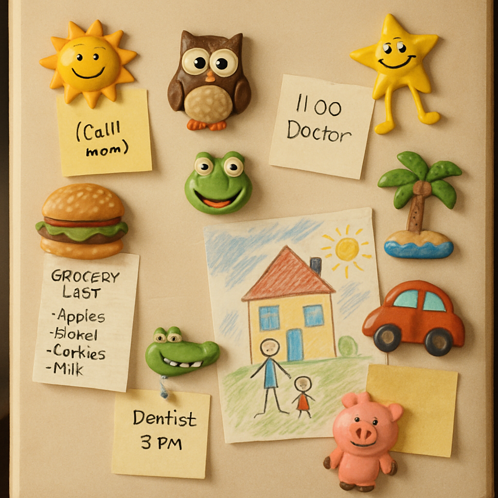 A cozy kitchen fridge covered with colorful funny fridge magnets holding notes, grocery lists, and kids’ drawings. Alt: Funny fridge magnets used for organizing household reminders and family activities.