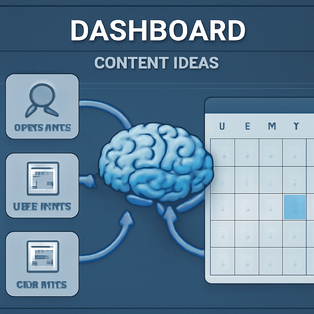 An AI‑generated illustration of a digital dashboard showing content ideas flowing from a brain‑like hub into a calendar, with icons for keywords, headlines, and outlines. Alt: Content automation platform ideation dashboard visualising keyword‑to‑headline workflow.