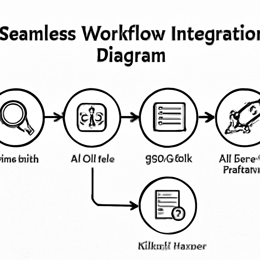 A clean workflow diagram showing icons for research, AI outline, SEO check, editorial review, and automated publishing, with arrows linking each step. Alt: Seamless workflow integration diagram for a content automation platform.