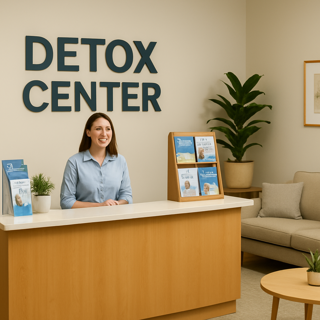 A calm, welcoming detox center reception with friendly staff, brochures, and a comfortable waiting area. Alt: Choosing the right detox center for your needs.