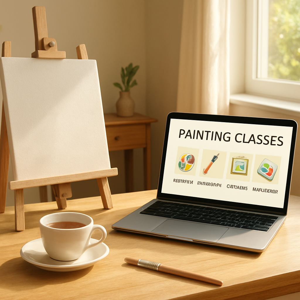 A bright, sun‑lit home studio with a canvas on an easel, a cup of tea, and a laptop showing an online painting class dashboard. Alt: online painting classes for beginners platform selection guide