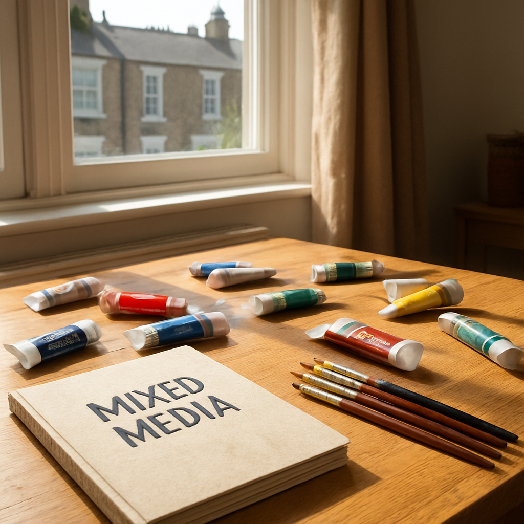 A bright home studio in a UK flat, a wooden table cluttered with acrylic tubes, a mixed‑media pad, and a set of synthetic brushes, sunlight streaming through a window.
