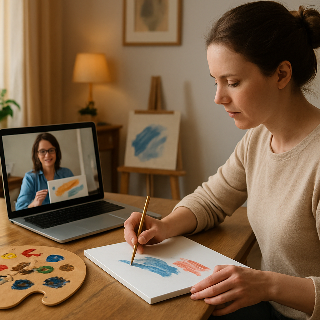 A cozy home studio with a laptop showing an online painting class, a palette of acrylics, and a beginner practicing brush strokes, Alt: beginner practicing painting techniques with guided feedback