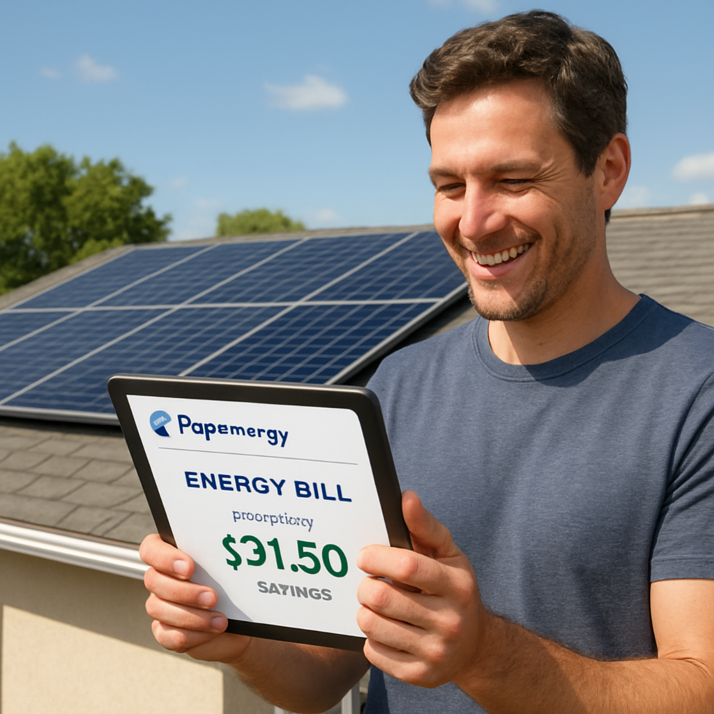 A sunny suburban rooftop with sleek solar panels, showing a happy homeowner looking at their reduced energy bill on a tablet. Alt: residential solar panels on a home delivering clean energy and savings