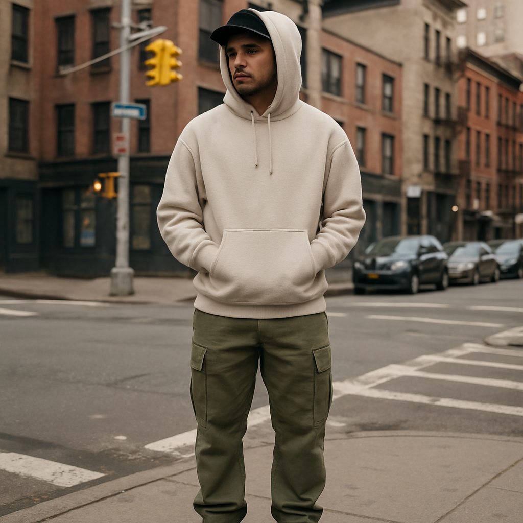 A casually styled young man in classic streetwear staples—hoodie, cargo pants, fresh sneakers—standing on an urban street corner. Alt: Classic streetwear outfit ideas men featuring hoodie, cargos, and sneakers.