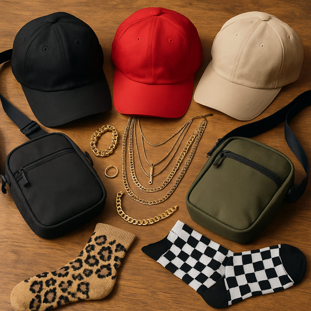 A diverse collection of streetwear accessories including hats, layered jewelry, crossbody bags, and patterned socks on a wooden table. Alt: Essential streetwear accessories for men showcasing hats, chains, bags, and socks completing a bold look.