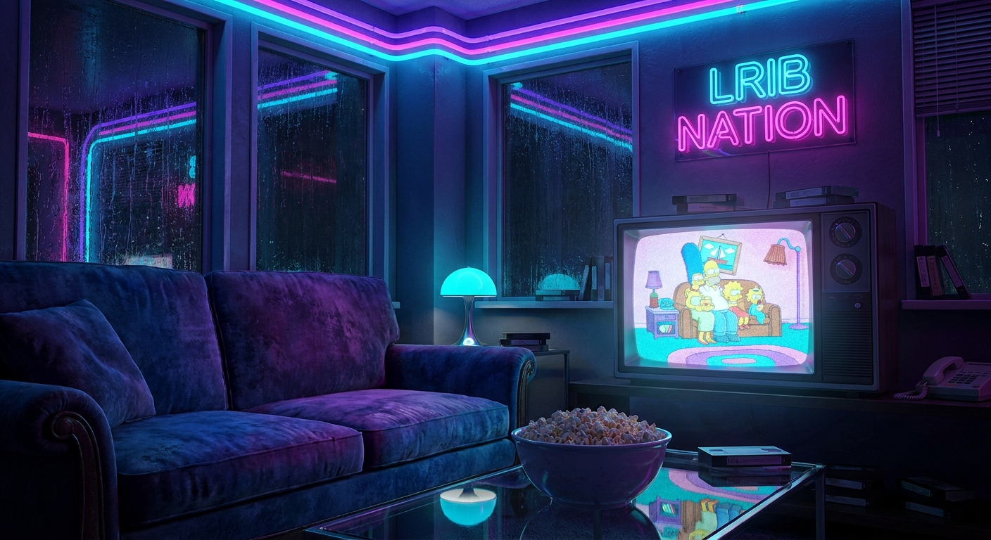 A neon noir style scene showing a couch with a bowl of popcorn in front of a retro TV set playing Friends or The Simpsons. Alt: 1990s TV shows Friends Simpsons nostalgic viewing
