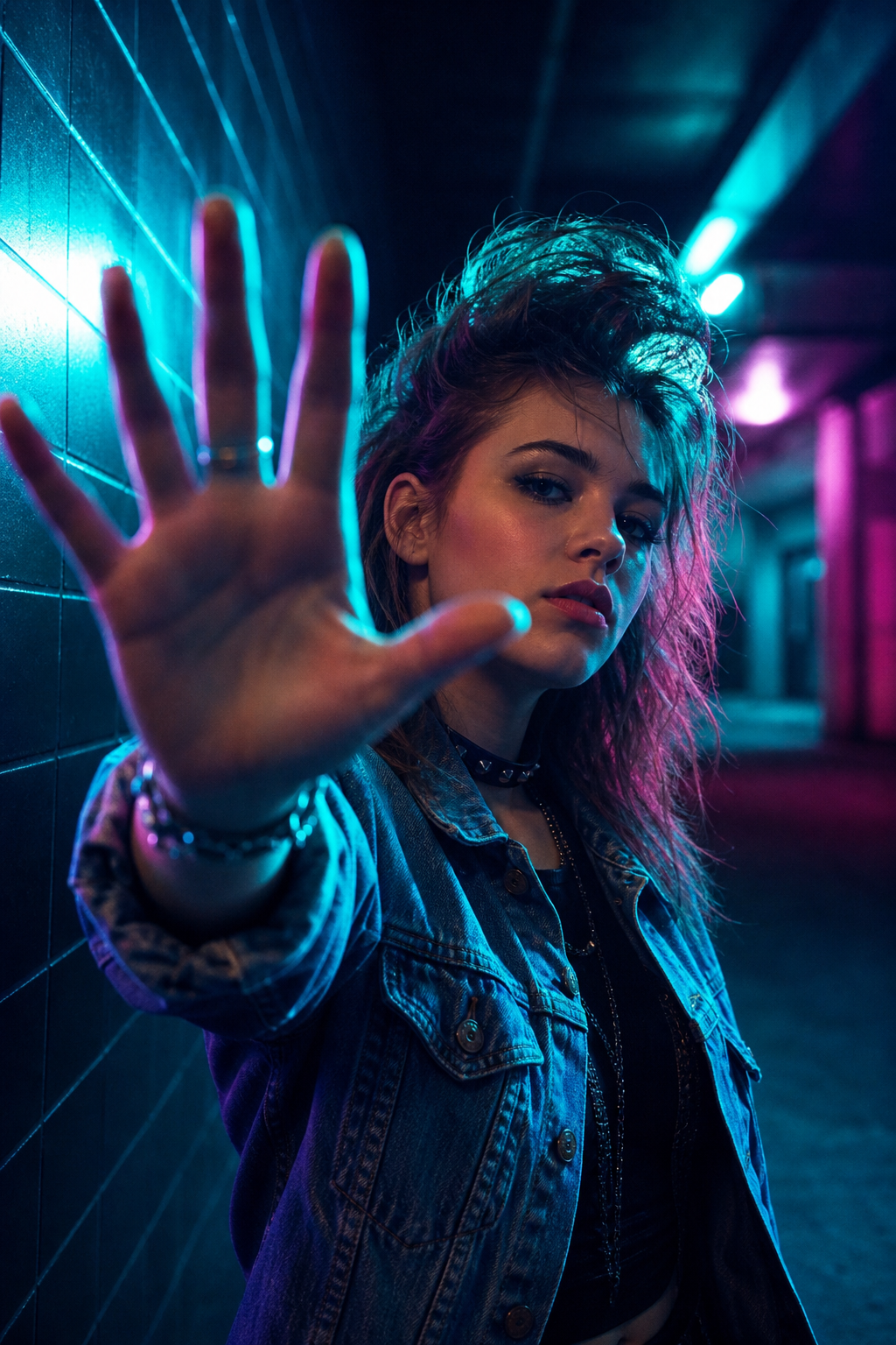 A 90s teen in a denim jacket and choker holding a flat open palm toward the camera in a Neon Noir style, moody neon cyan rim lighting, urban hallway background, landscape. Alt: Talk to the hand 1990s slang gesture explained.