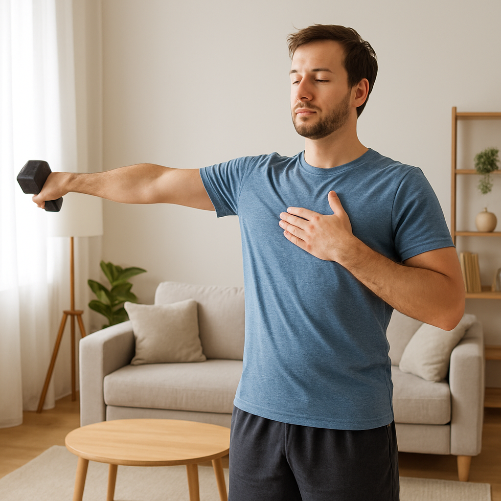 A calm living‑room scene with a person holding a dumbbell, performing a standing chest stretch, bright natural light, showing relaxed posture. Alt: Cool‑down stretches after a 20 minute dumbbell workout for beginners.