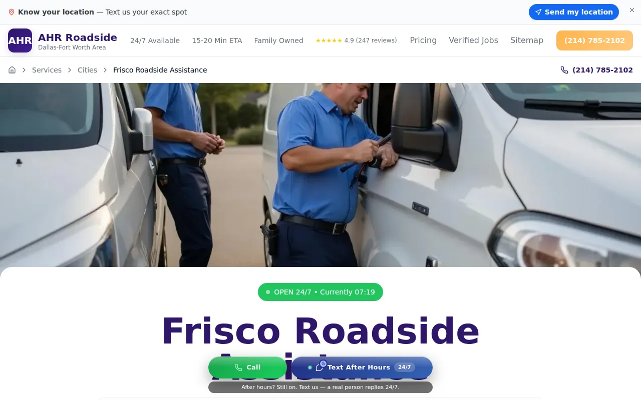 Screenshot of the All Hours Roadside website
