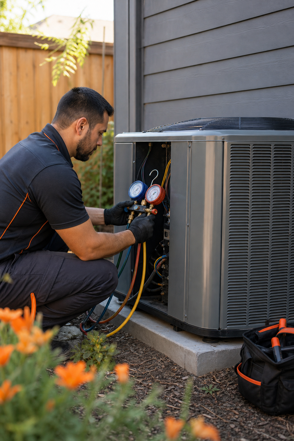 A photorealistic image of a residential AC unit in a backyard in Auburn, with a technician checking the refrigerant gauge during a daytime repair. Alt: Same day AC dispatch Auburn CA technician diagnosing unit.