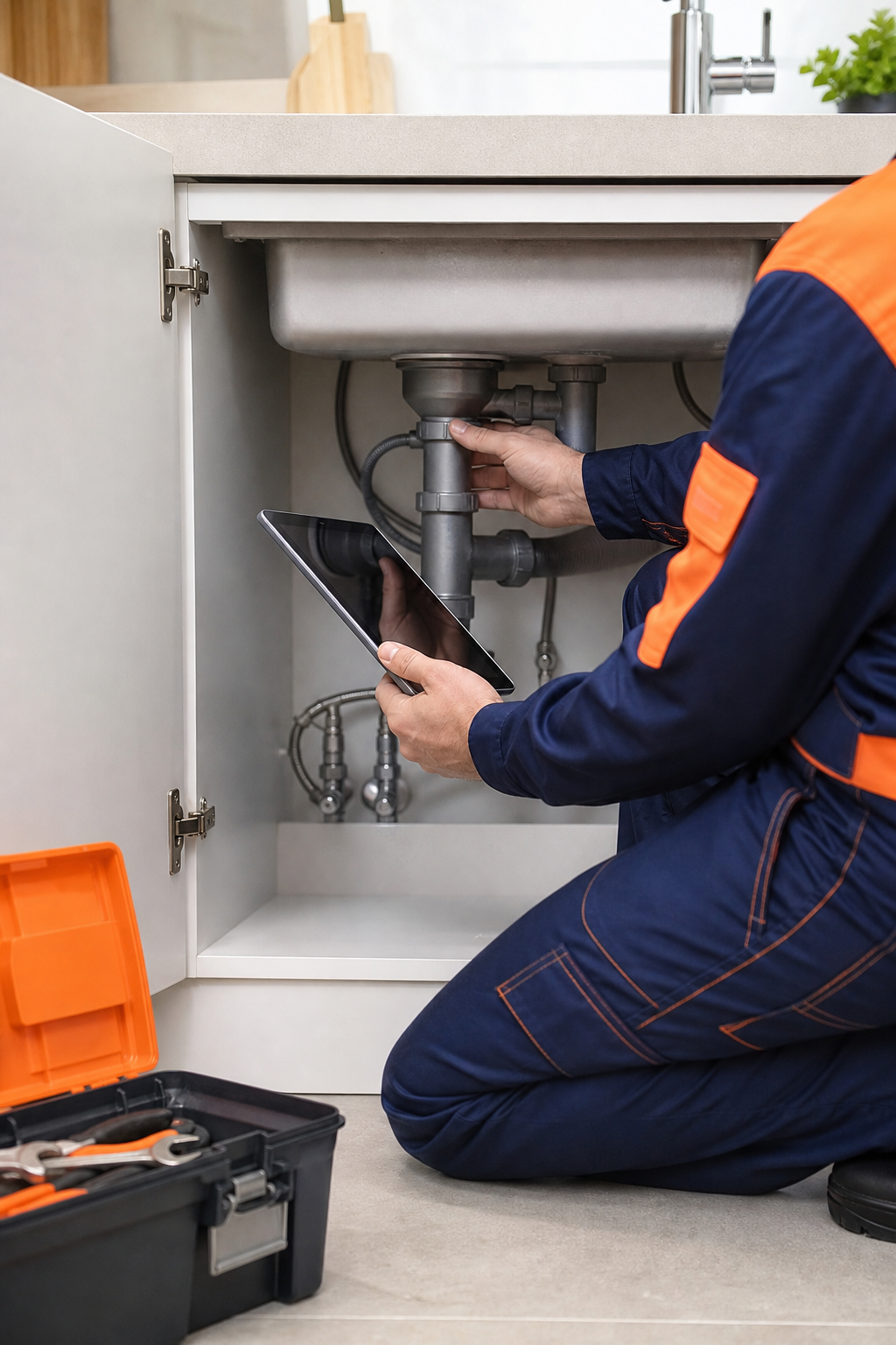 A realistic photo of a professional plumber in an orange‑blue uniform, inspecting a pipe under a sink in a modern kitchen, with tools and a tablet visible, bright lighting, no faces visible