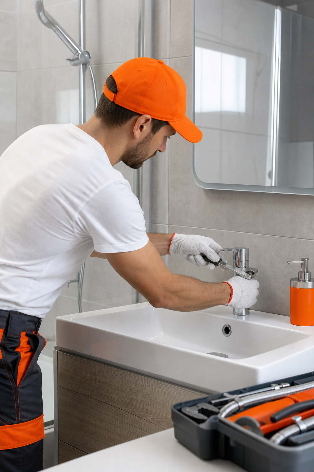 A clean, realistic scene of a plumber in a white shirt and orange cap, tightening a faucet in a bathroom, with a clear view of the sink and a modern tile wall