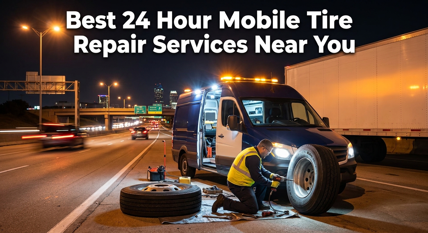 A realistic nighttime scene on a Dallas highway shoulder, a mobile tire service van with its lights on and a technician in a high-visibility vest working on a large commercial truck tire, ambient glow of highway lights in the background. Alt: 24 hour mobile tire repair service for commercial trucks in Dallas-Fort Worth.