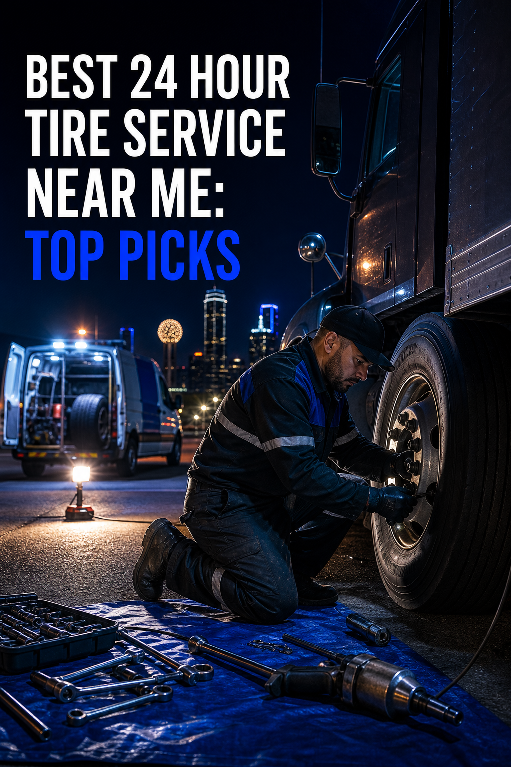 A photorealistic night scene of a mobile tire technician kneeling beside a large commercial semi-truck tire on a Dallas highway shoulder, work lights glowing, tools laid out on the pavement, deep blue accent lighting. Alt: 24 hour mobile tire service technician repairing a commercial truck tire at night in Dallas.