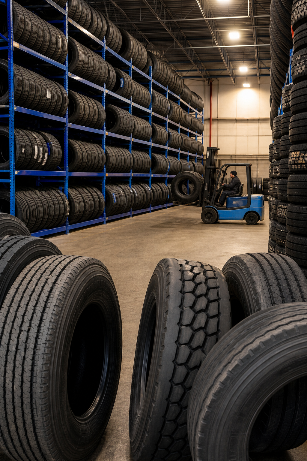 A photorealistic wide shot inside a well-organized commercial tire warehouse with tall racks of various truck and trailer tire sizes, a forklift in the background, warm overhead lighting. Alt: warehouse stocked with all-size commercial truck and trailer tires for 24 hour fleet service.