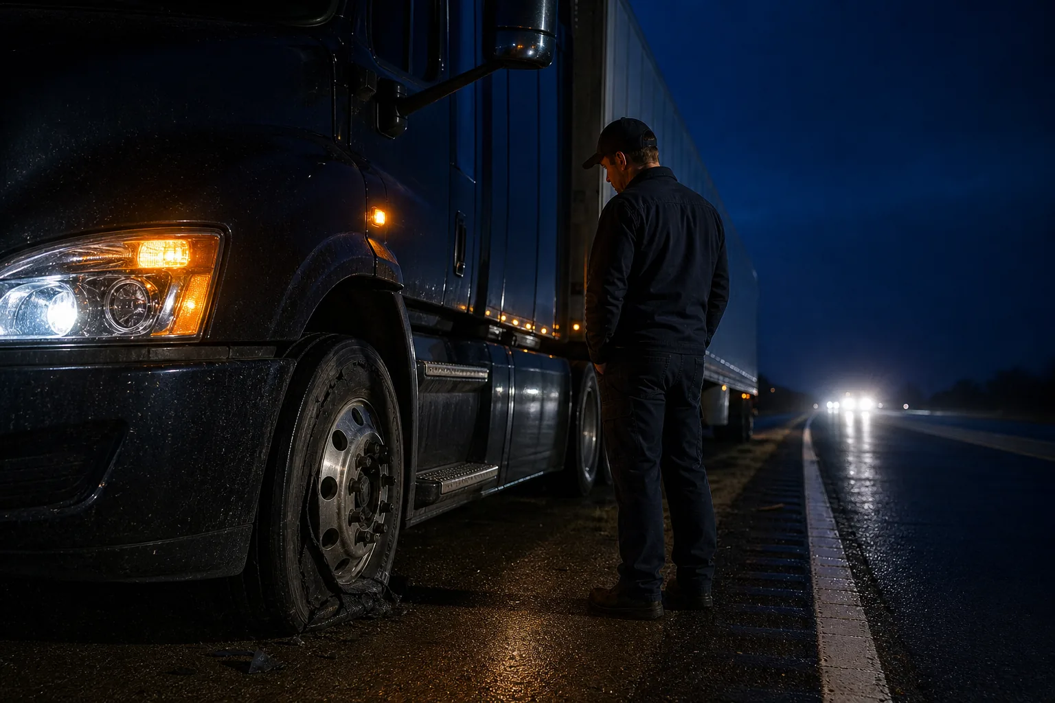 safe roadside assessment of a commercial truck tire failure at night