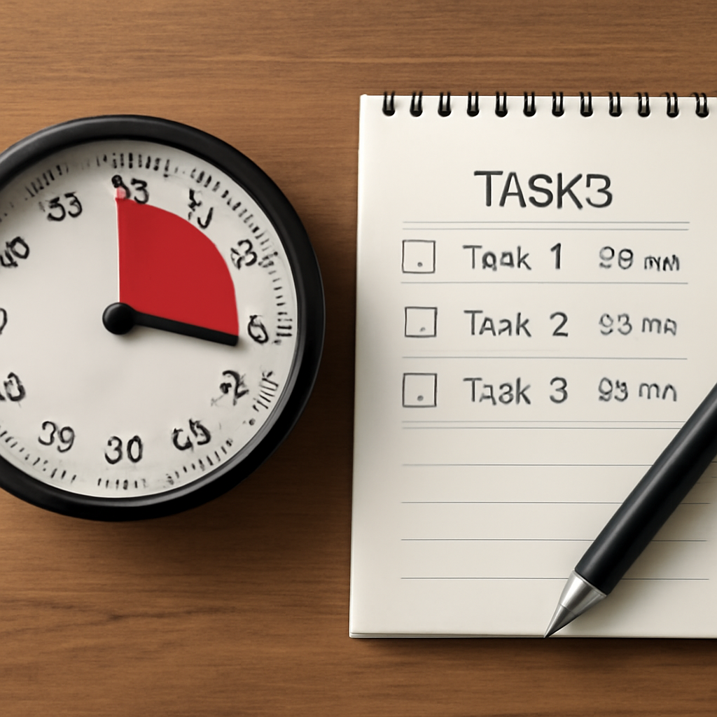 A clock with 25 minutes highlighted, a notepad with tasks divided into 25‑minute blocks. Alt: 25 minute timer illustration