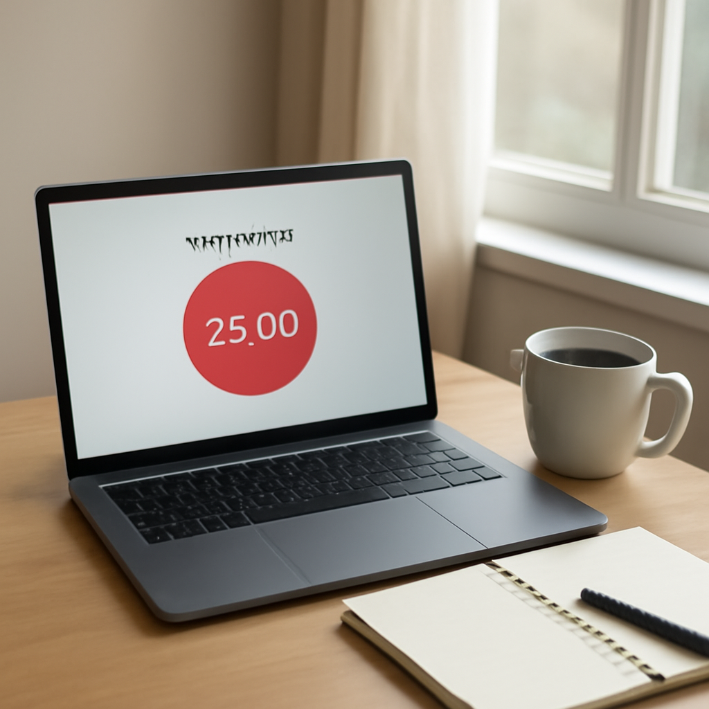 A calm workspace with a laptop displaying a 25-minute Pomodoro timer, a mug of coffee, and a notepad beside a window with soft natural light. Alt: 25 minute timer online in a productivity setting.
