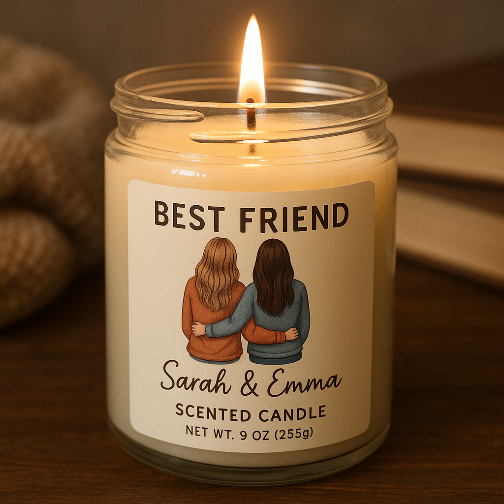 A cozy, personalized scented candle with a friend-themed label. Alt: Custom best friend gift scented candle with personalized label.