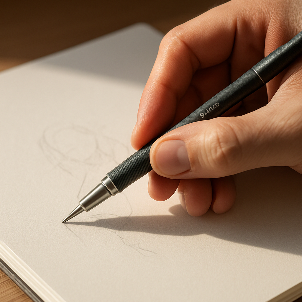 A 2mm lead holder resting on a smooth sketchbook with a hand poised, the sun glinting off the graphite tip. Alt: 2mm lead holder and sketching