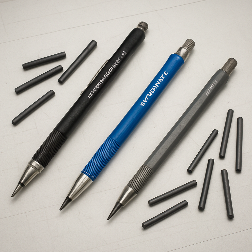 A studio setup with a Pacific Arc 2mm Professional Lead Holder, a Staedtler Mars Technico, and a General Pencil on a drafting table, each surrounded by a handful of lead sticks. Alt: 2mm lead holder comparison in studio.