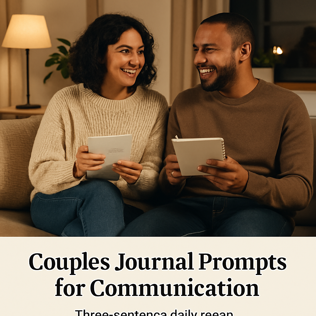 A cozy living room scene with a couple sitting on a couch, each holding a notebook, smiling as they exchange brief notes about their day. Alt: couples journal prompts for communication, three‑sentence daily recap.