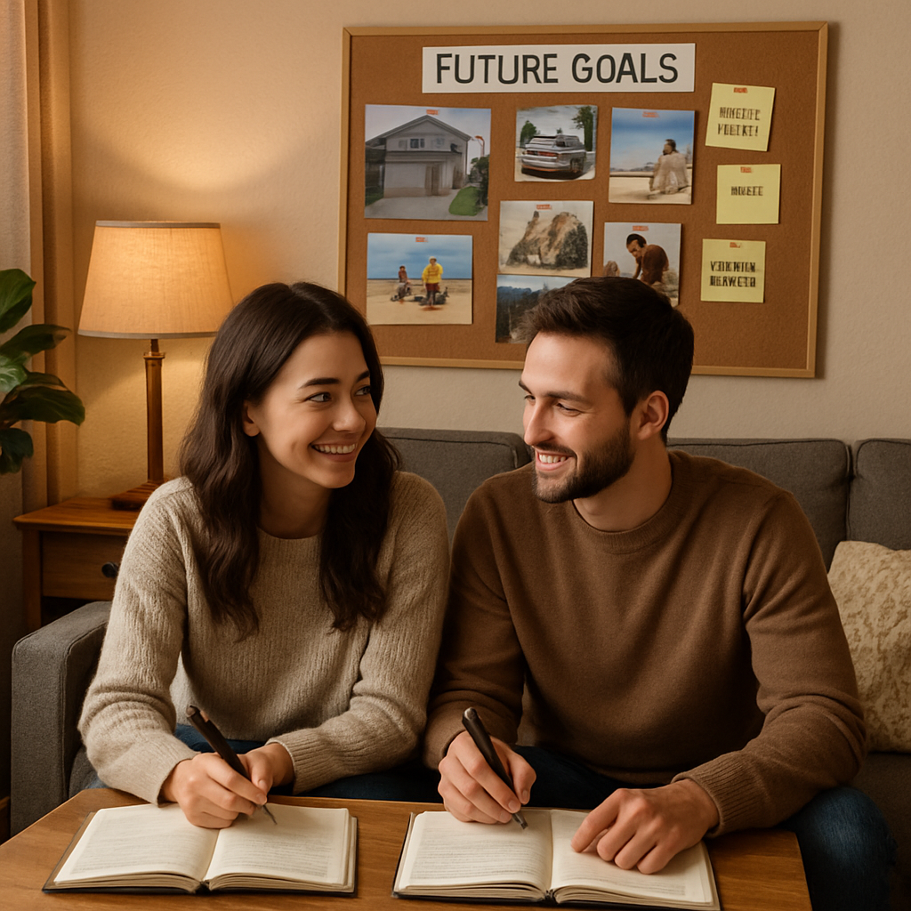 A cozy living room scene with a couple sitting at a coffee table, open journals, and a vision board of future goals pinned on the wall. Alt: couples journal prompts for communication dreaming together future goals