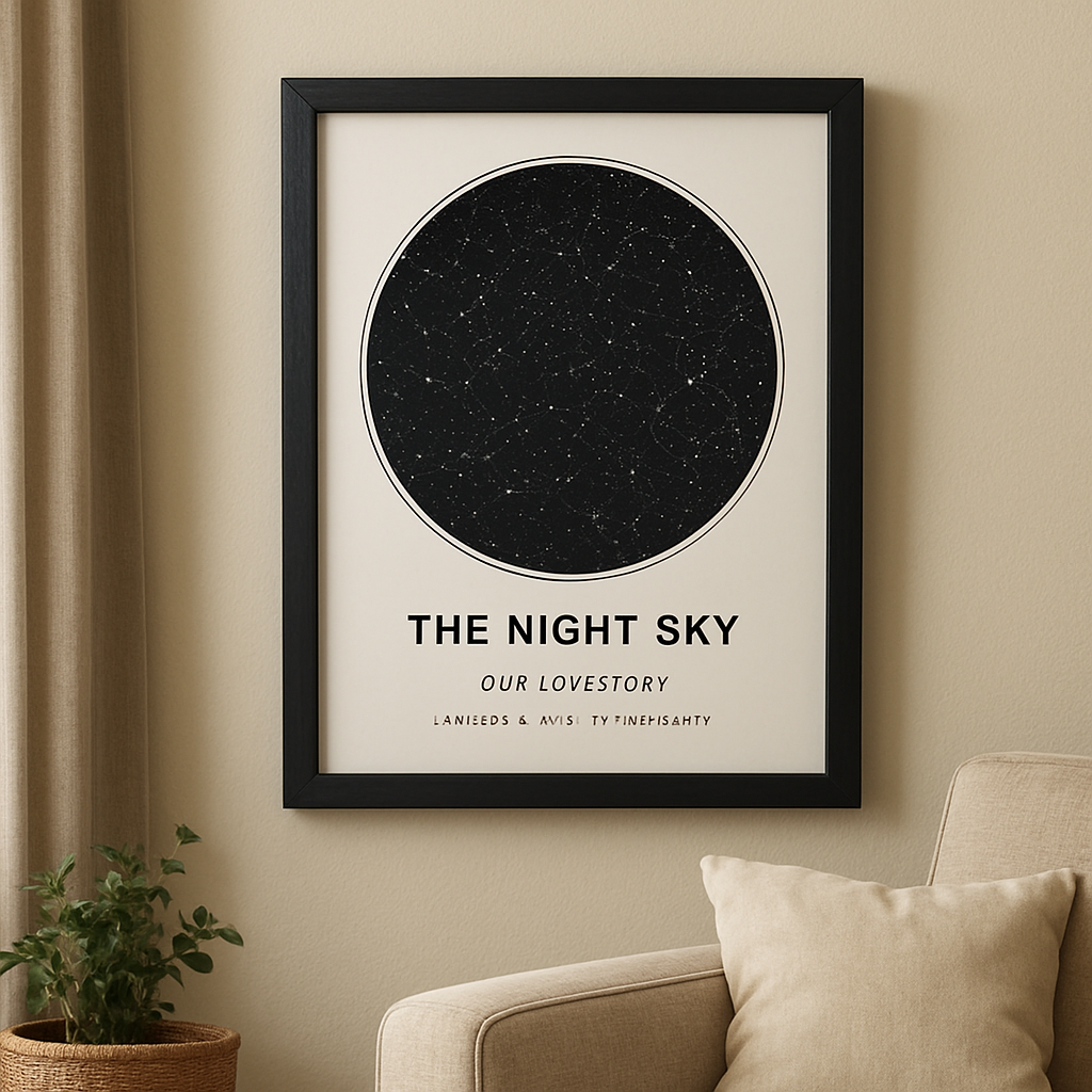A cozy living room wall featuring a framed personalized star map gift, showing a sleek black wood frame around a matte art paper print of a night sky. Alt: personalized star map gift framed perfect materials