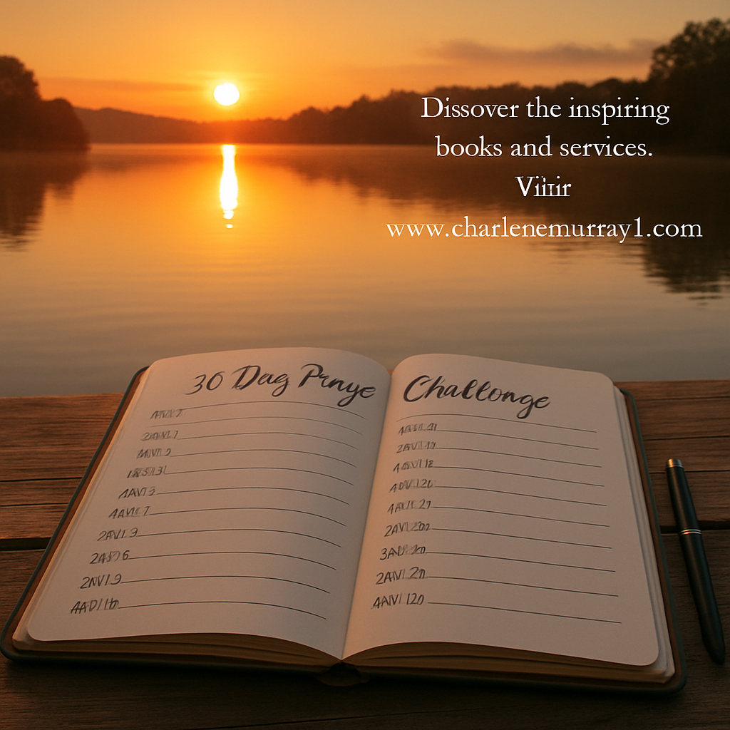 A serene sunrise over a calm lake with a handwritten prayer journal open on a wooden table, showing the 30 day prayer challenge PDF layout. Alt: 30 day prayer challenge for women pdf sunrise journal setting.