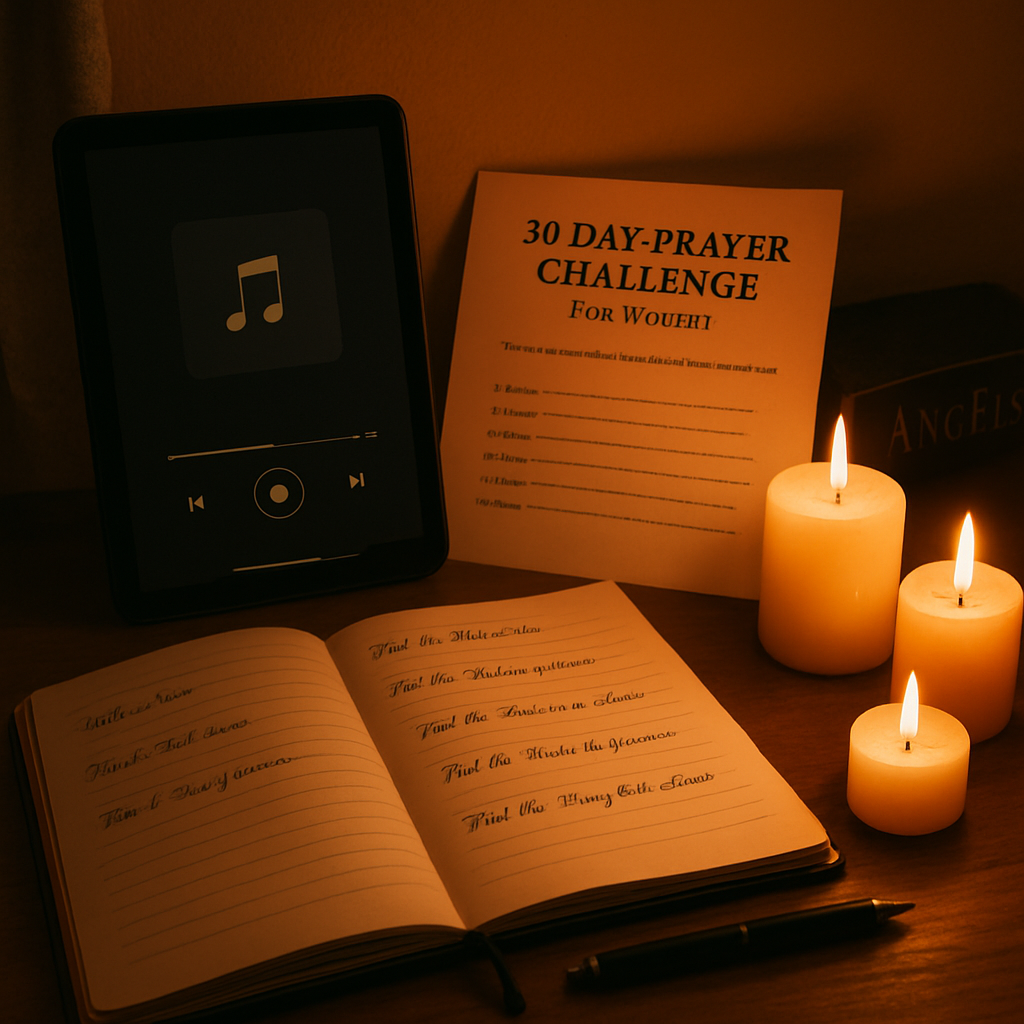 A cozy prayer corner with a tablet playing soft music, a printed “30 day prayer challenge for women pdf” open, candles flickering, and a notebook with themed prompts. Alt: Themed prayer prompts for days 16‑20 with audio cues and journal space.