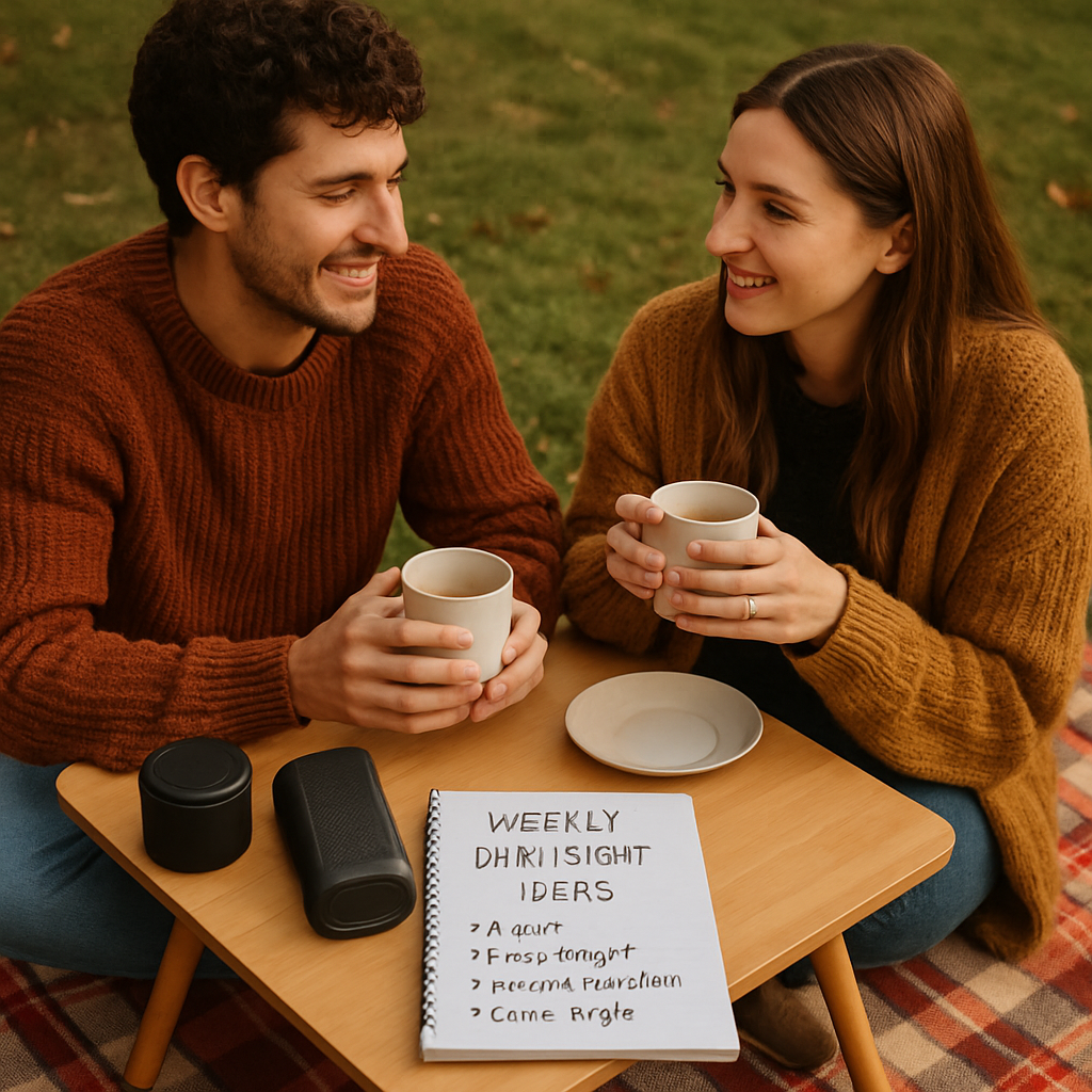 A cozy couple sitting at a small table outdoors with a picnic blanket, a portable speaker, and a notebook open to a date night plan. Alt: Weekly date night ideas for couples in a 30 day relationship challenge.