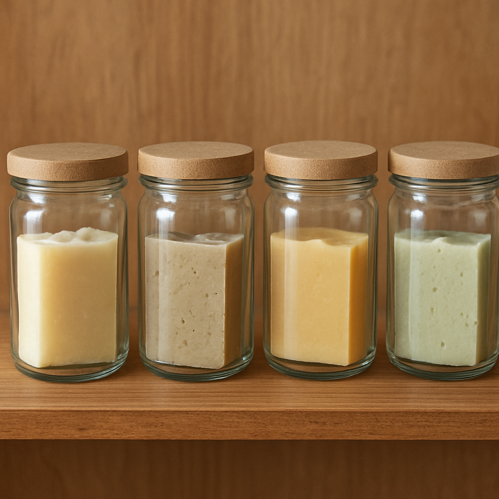 A set of clear glass jars with recycled plastic‑free lids holding artisanal soap bars, styled on a wooden shelf. Alt: Recycled plastic‑free jars for eco friendly soap packaging ideas