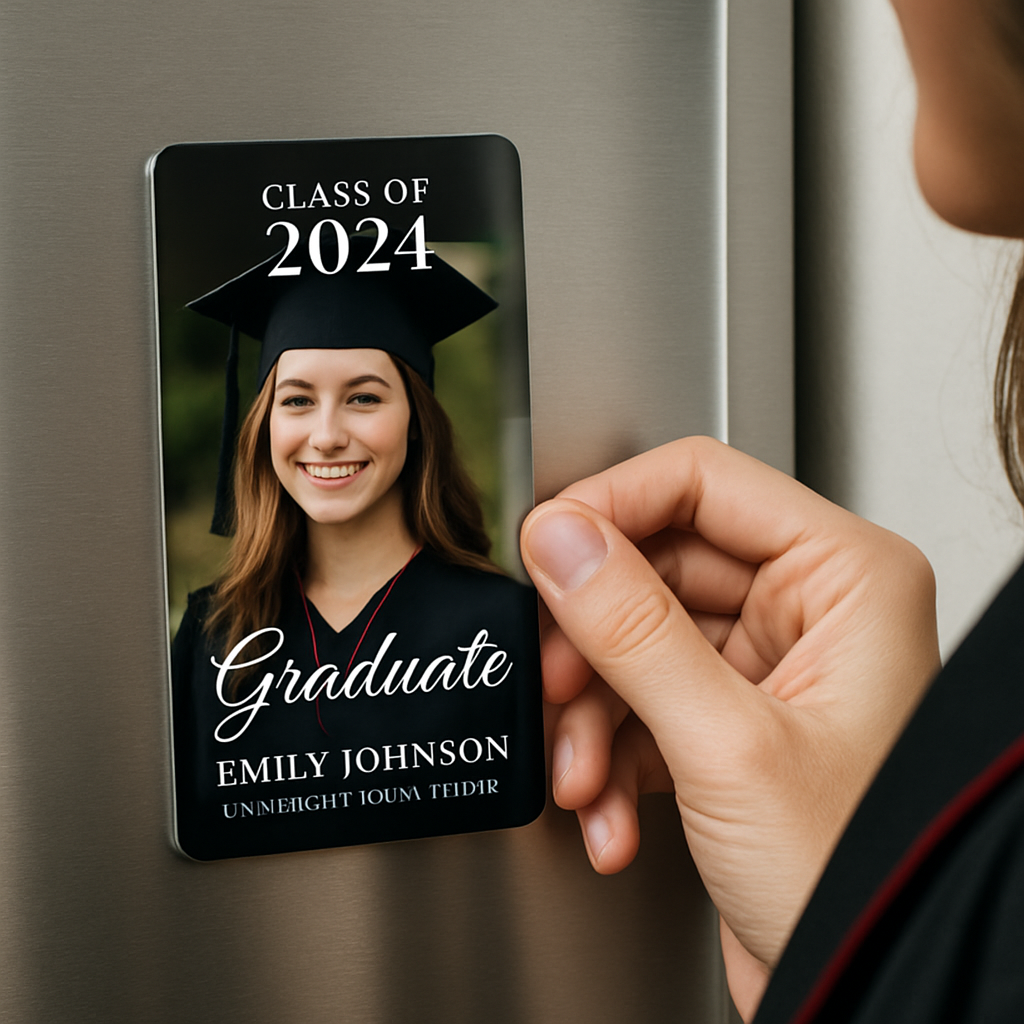 A close-up of a graduate holding a custom printed magnet, glossy finish on a fridge. Alt: graduation announcement magnets printed with professional finish.