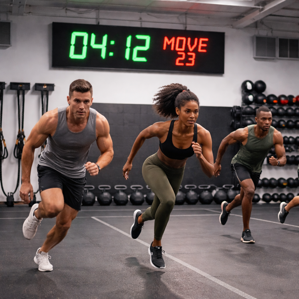A high‑energy fitness studio with a digital interval timer displayed on a wall, athletes mid‑sprint, bright lighting, modern equipment. Alt: interval timer benefits for workouts