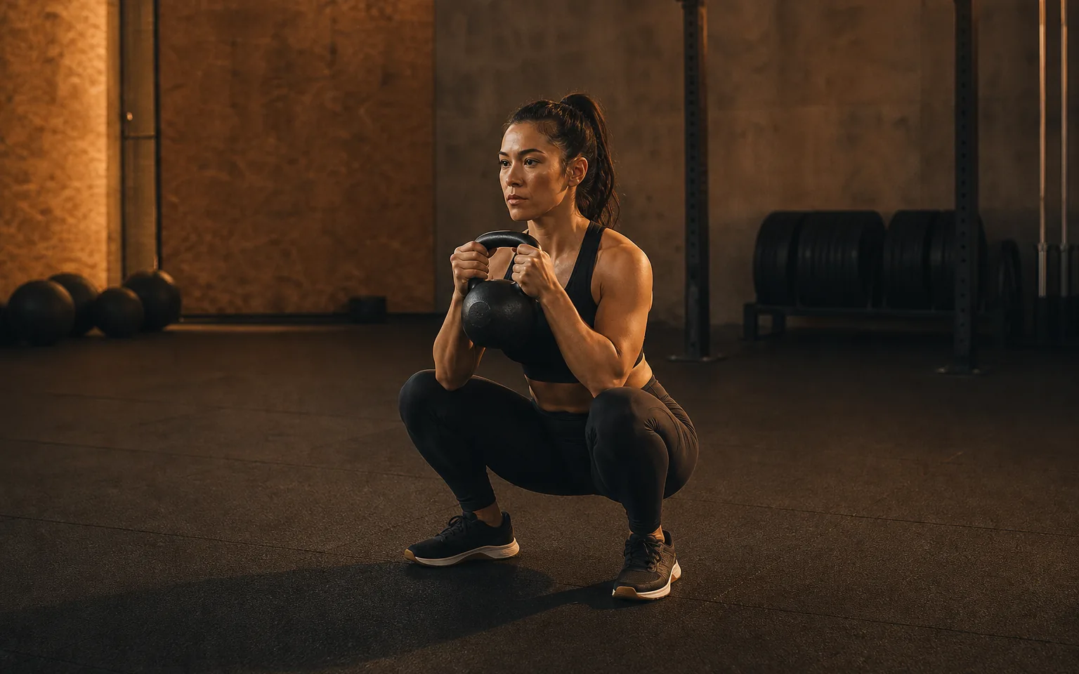 Woman holding a kettlebell at her chest in a deep goblet squat