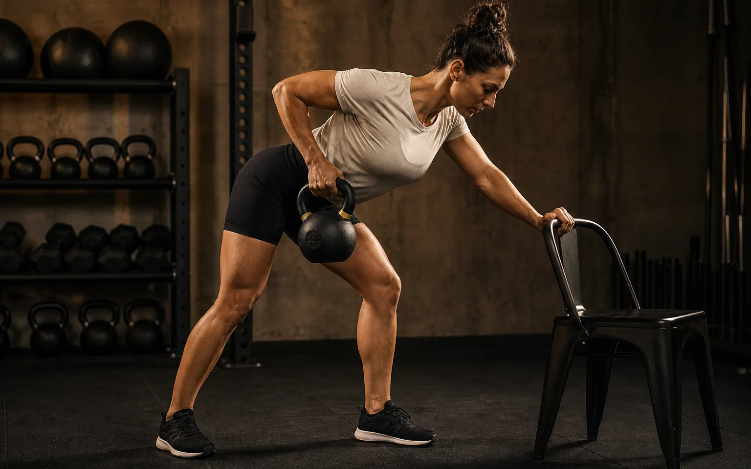Woman rowing a kettlebell toward her hip with one hand braced on a chair