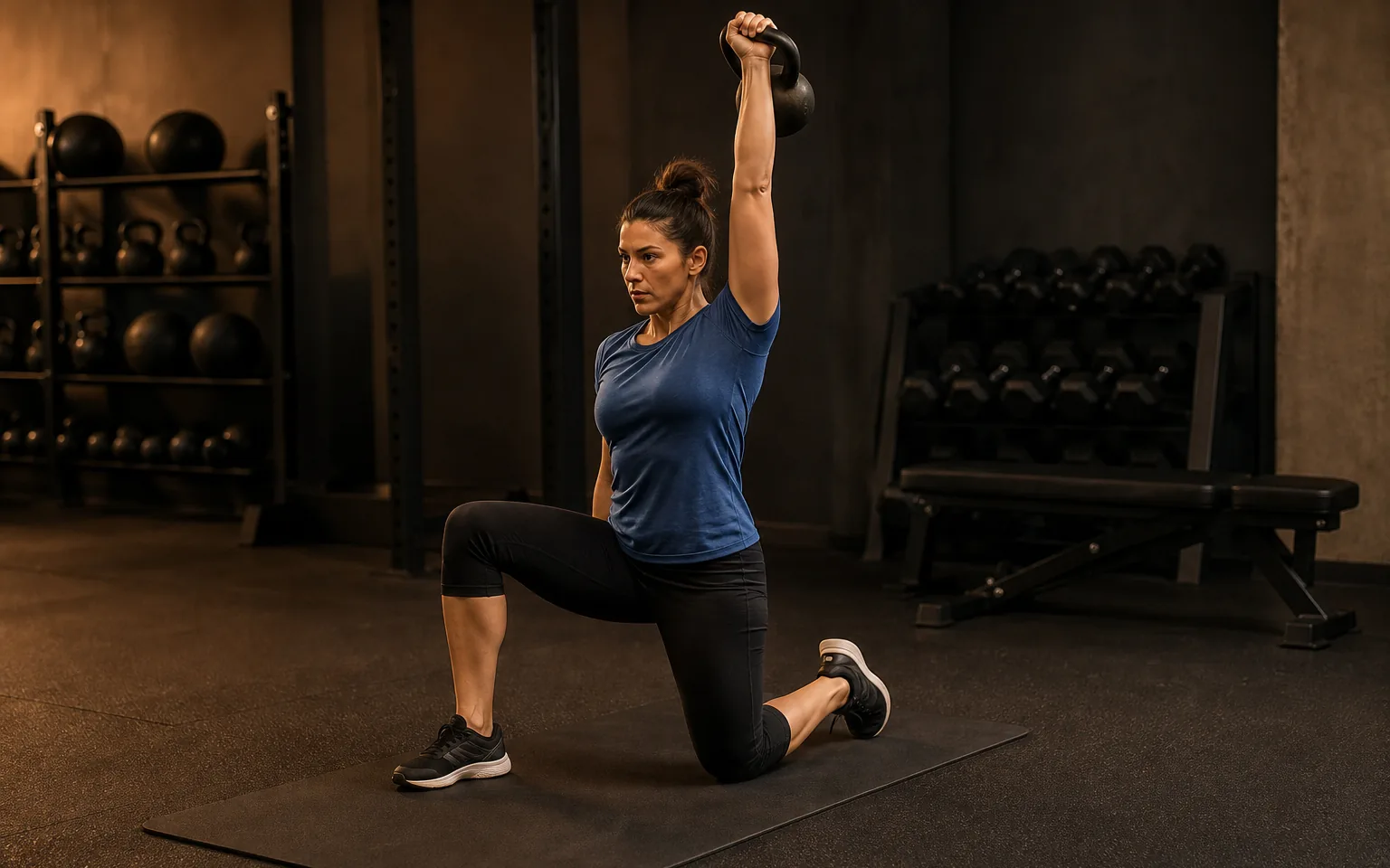 Woman pressing a kettlebell overhead from a half-kneeling position