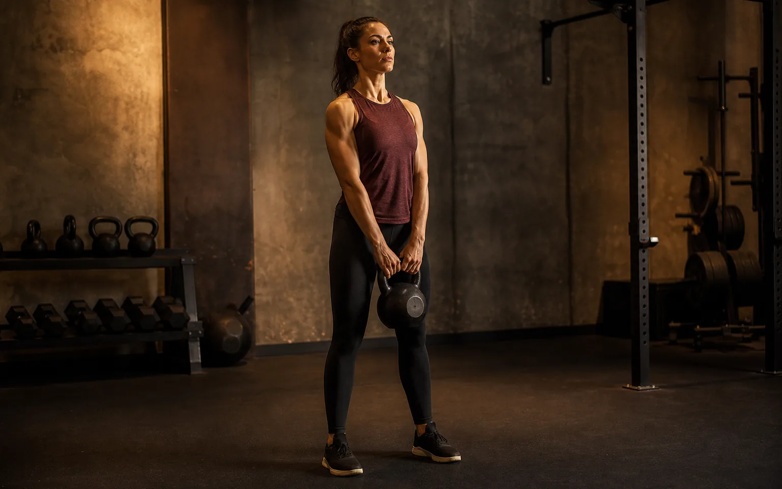 Woman standing tall with a kettlebell after a deadlift