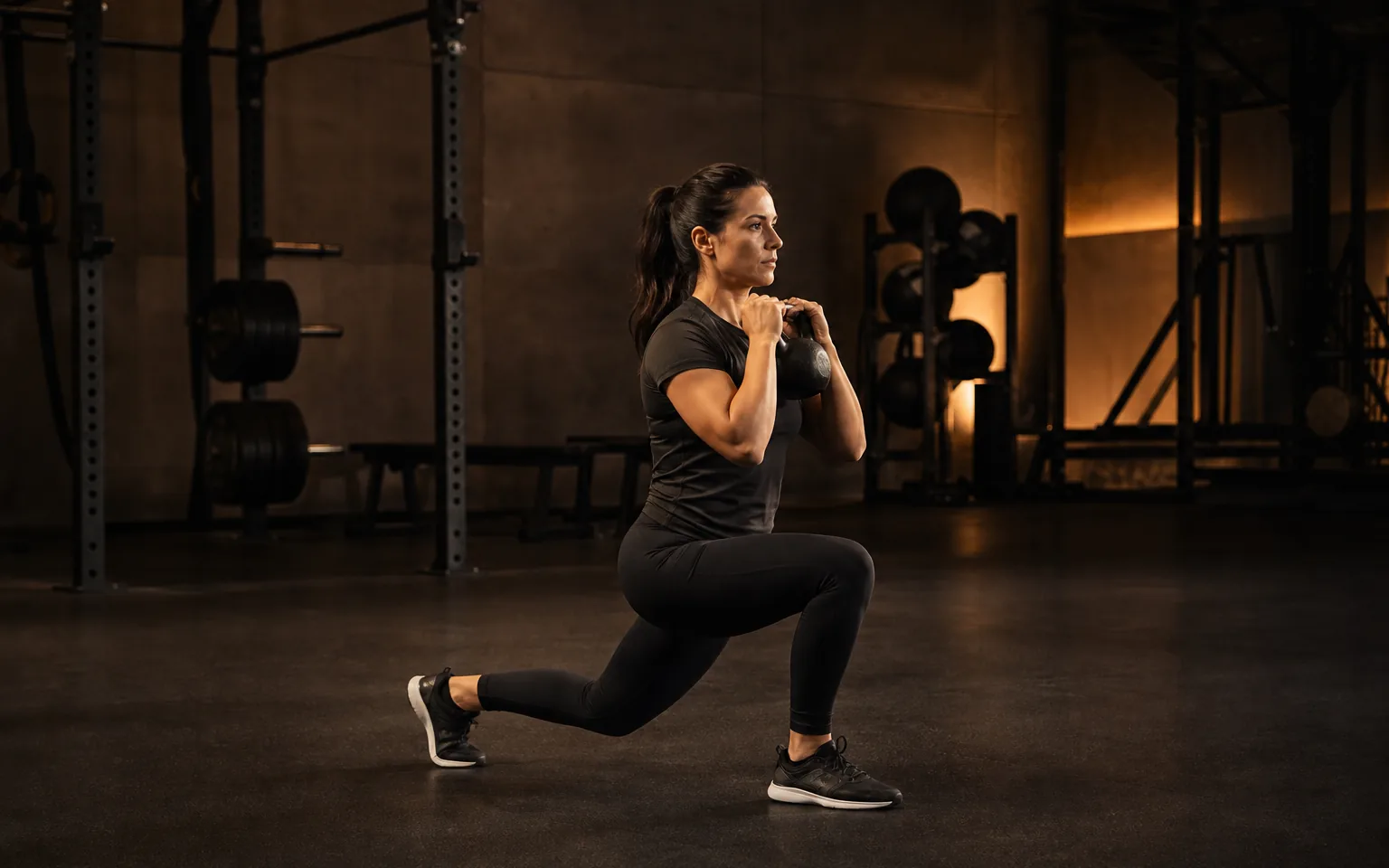 Woman holding a kettlebell at her chest in the bottom of a reverse lunge