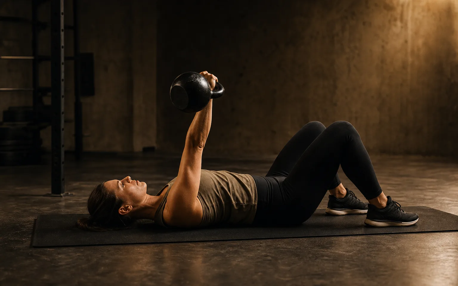 Woman performing a kettlebell floor press with her upper arm on the floor