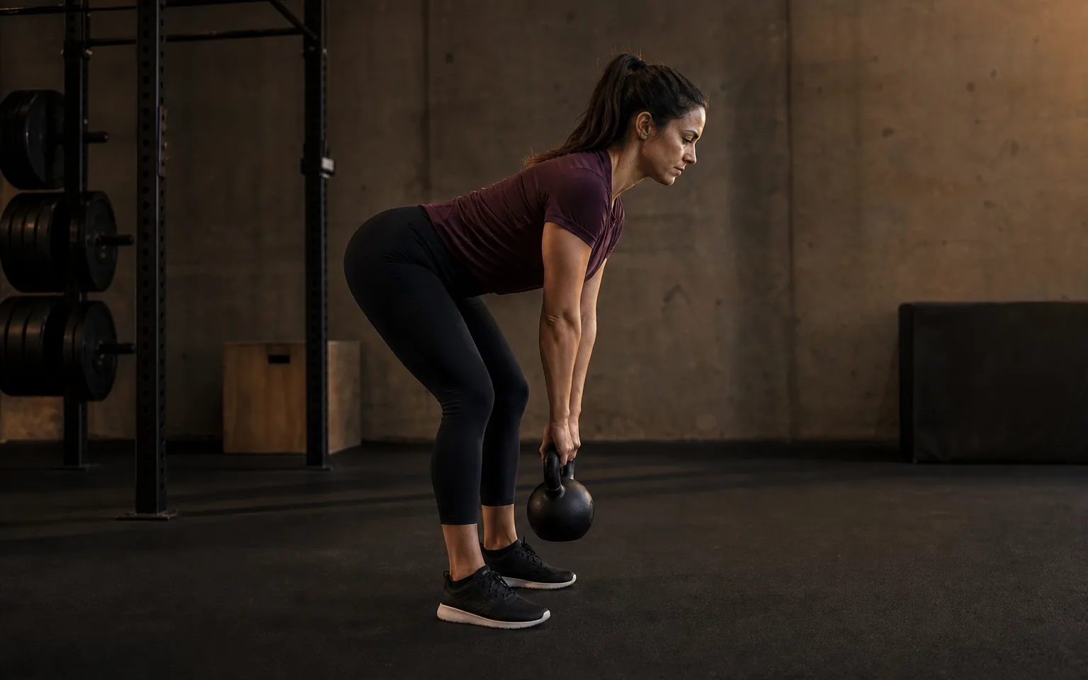 Woman hinging forward with a kettlebell held above the floor during a Romanian deadlift