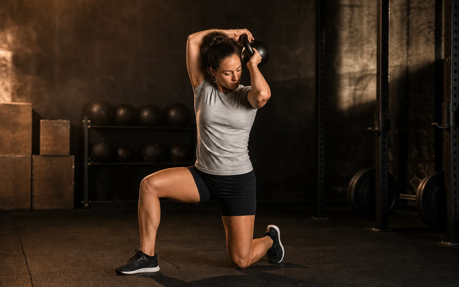 Woman guiding a kettlebell around her head in a controlled halo