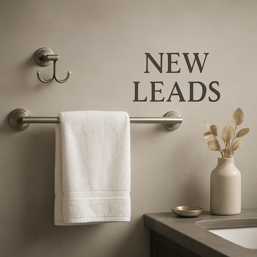 A modern bathroom featuring a brushed‑nickel towel bar with matching hooks, a neatly folded white towel, and subtle decorative accents. Alt: Luxury towel bar and rack in a stylish bathroom setting.