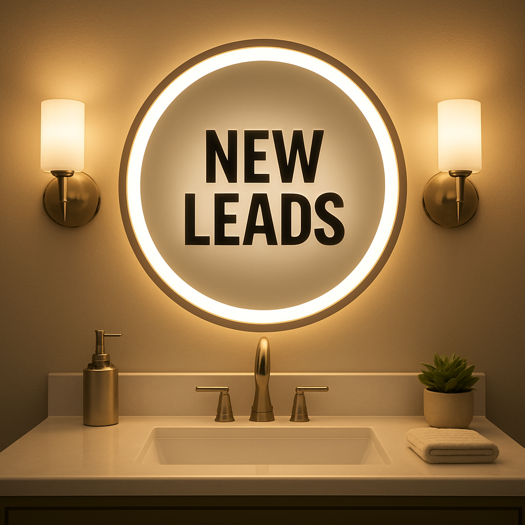 A bright bathroom vanity with a round brushed‑nickel framed mirror, LED strip lighting around the perimeter, and matching brushed‑nickel sconces on either side. Alt: Decorative round bathroom mirror with integrated LED lighting and brushed‑nickel hardware.