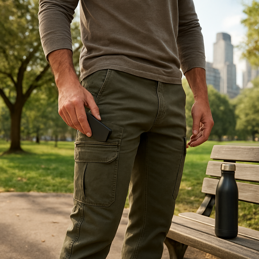 A rugged outdoor scene featuring a man wearing slim‑fit utility cargo pants, holding a smartphone in a zip pocket, with a backdrop of a city park and a Quench Bottle on a nearby bench. Alt: Classic styles of men’s cargo pants with pockets for everyday adventures.