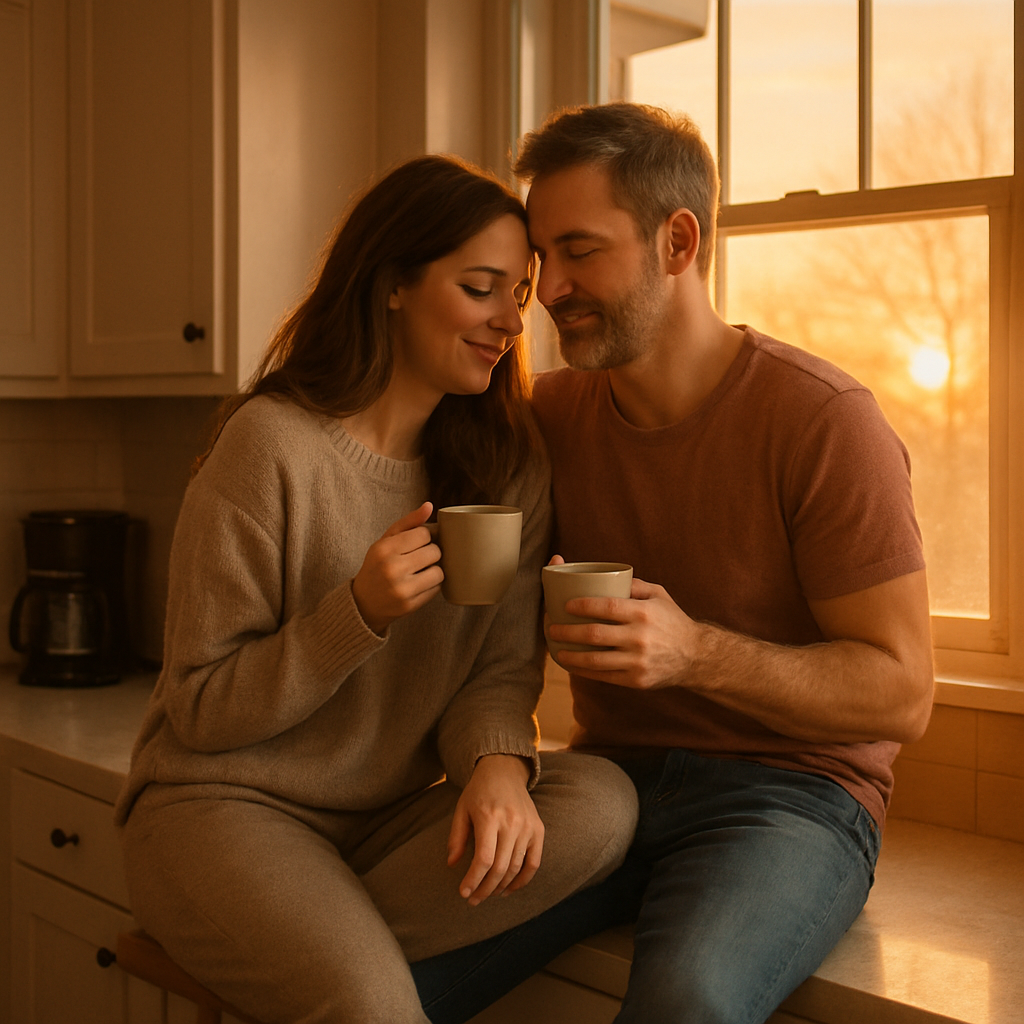 A cozy couple sharing coffee and sunrise on a kitchen countertop, gentle light, warm tones. Alt: Cozy morning rituals for non sexual intimacy ideas for married couples.